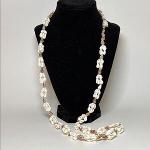 NWT Shell Long Strand  White and Tan Beaded Single Strand Cluster Necklace 36”